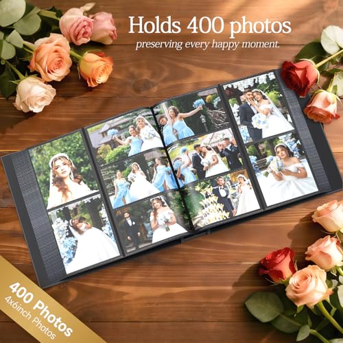 Wedding Photo Album 4x6 400 Pockets, Beige Linen Memory Book Gift - color: Black