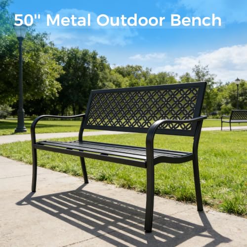 Grand patio 50" Outdoor Bench, Garden Bench with Armrests, Black | Anti-Rust Metal Powder Coated Frame, Patio Bench for Front Porch Park Outside Furniture - color: Black