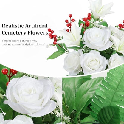 Lewondr Artificial Cemetery Flowers with Vase for Grave, White Lily, 2 Pack - color: Pure White