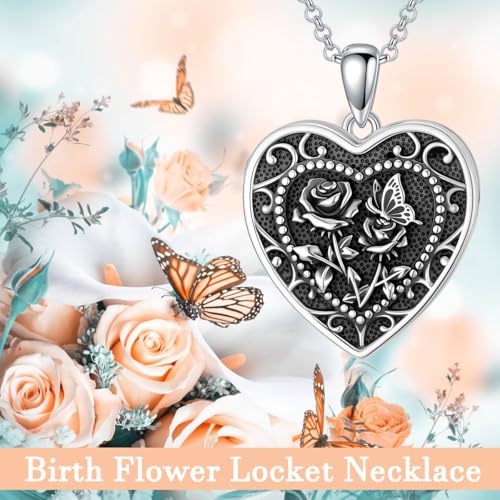 PELOVNY Birth Flower Locket Necklace for Women 925 Sterling Silver Flower Butterfly Heart Photo Locket Pendant Birthday Christmas Jewelry Gifts for Mom Daughter Wife Sister - color: 06-Rose