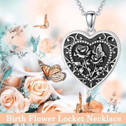 PELOVNY Birth Flower Locket Necklace for Women 925 Sterling Silver Flower Butterfly Heart Photo Locket Pendant Birthday Christmas Jewelry Gifts for Mom Daughter Wife Sister - color: 06-Rose