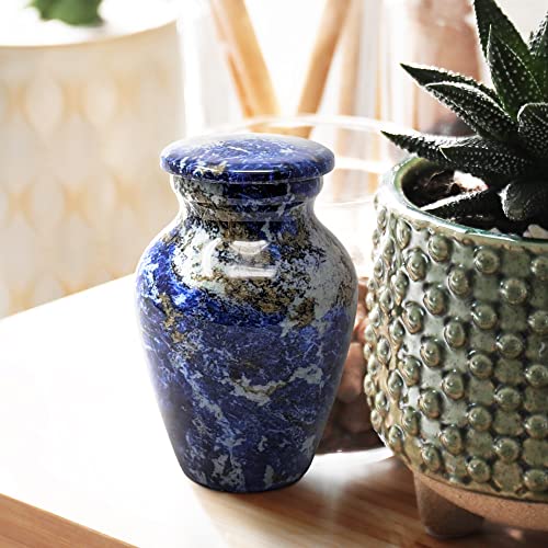 Set of 4 Elegant Marble Style Keepsake Urns – Metal Little Mini Urn for Human Ashes – Secure Screw Top – Small Personal Size – Blue Agate Finish - color: 4 Blue Agatha