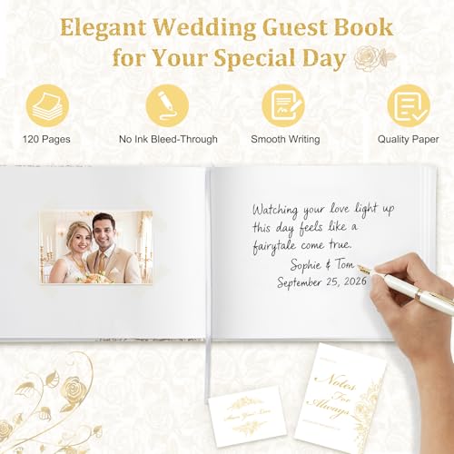 Wedding Guest Book Set, Gold Rose Luxury Hardcover, Gold Foil, 120 Pages - color: Gold