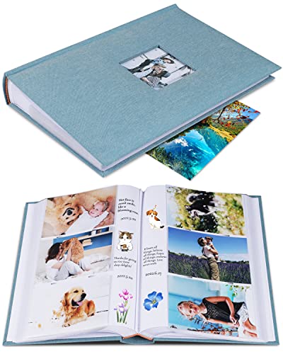 1DOT2 Photo Album for 4x6 Pictures with Writing Space, Cyan Blue | Holds 402 Photos,Linen Cover with Front Window, Acid-free Inner Pages, Ideal for Marriage Children Travel Family - color: Cyan Blue