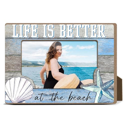 Vacation Honeymoon Wood Photo Frame Life Is Better at the Beach Themed Gifts Desk Picture Frame Modern Pictures Frames Farmhouse Picture Frames Photo Gifts for Cruise Lovers Beach Gift YT0080 - color: Blue