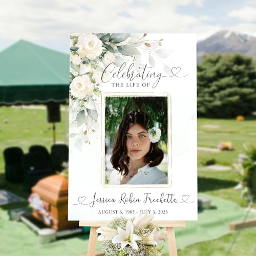 Personalized Flower White Funeral Sign - Celebration Of Life Sign - Greenery Funeral Welcome Sign - In Loving Memory Sign - Gold Cross Memorial Sign - Memorial Yard Sign - Photo Funeral Sign - color: Multi 4
