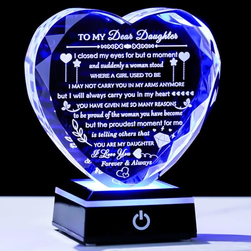 YWHL Gifts for Daughter with Colorful LED Base Best Daughter Birthday Gifts from Mom Dad Heart Crystal to My Daughter Gift on Christmas Valentines Mothers Day - color: Daughter Gifts 2+LED