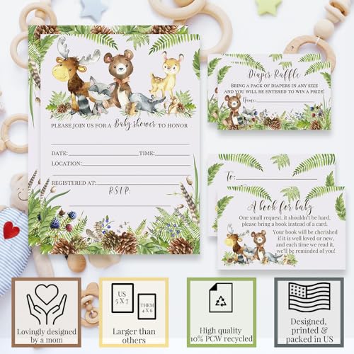 Baby Shower Invites Gender Neutral – Watercolor Woodland Baby Shower Invitation Bundle with Diaper Raffle Tickets, Book Request Cards & Envelopes. Set of 20 5X7 Woodland Creatures Invitation Kit Sets for Boy or Girl - style: Woodland Creatures