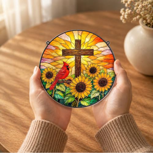 Cardinal with Jesus Cross & Sunflower Memorial Suncatcher, 8" Christian Stained Glass Wavy Acrylic, Sympathy Gift for Loss of Loved One, Mom, Dad, Grandma, Family Member, Religious Gifts for Women - color: Cardinal - Sunflower