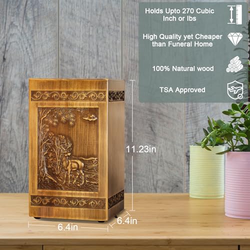 Wooden Cremation Urns for Human Ashes Adult Male Female Deer Carving Handmade Wood Funeral Decorative Memorial Urn Box, Holds 270 Cubic Inch