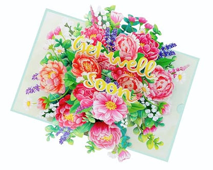 Peony Get Well Soon Cards Pop Up, 3D Encouragement Get Better Soon Card, Colorful Thinking of you 3D for Speedy Surgery Recovery, Feel Better Soon, Kids, Friends (Peony GW) - color: Peony Get Well Soon