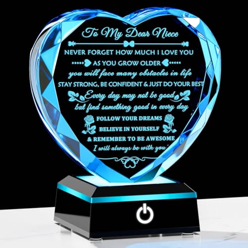 Arikyrist Niece Gifts from Auntie Uncle with Colorful LED Base, Inspirational Birthday Graduation Gifts for Niece from Aunt, Heart Crystal keepsake To My Nieces Present on Christmas - style: Niece Gifts + Light Base