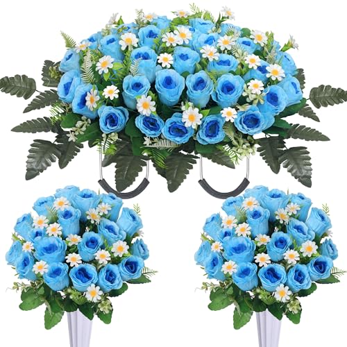 Lodou 3 Pcs Artificial Cemetery Flowers for Graves – Memorial Flower Saddle & 2 Rose Bouquets with Vase,Cemetery Saddle Flowers for Headstone, Elegant Grave Decor for Headstones (Blue) - color: Blue