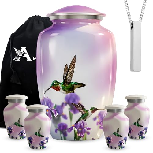 Set of 6 White Hummingbird Decorative Funeral Urns for Ashes Adult Male & Female Includes 1 Large Urn with 4 Small Keepsakes & 1 Silver NecklaceUrn - color: White Hummingbird
