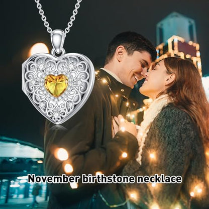 Heart Locket Necklace 925 Sterling Silver Personalized Picture Locket Pendant Birthday Christmas Jewelry Memorial Gifts for Women - color: November Crystal Locket