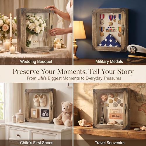 5.1" Extra Deep Shadow Box Frame 8x10, | Display Case, Rustic Wood Memory Box with Vintage Lock and Handle for wedding Flowers and Keepsakes, Carbonized Brown