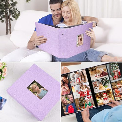 Aevdor Large Capacity 4x6 Photo Album, 1000 Photos, Linen Cover, Purple | Black Inner Pages, 3 Horizontal and 2 Vertical Pockets per Side, Front Photo Window, Family, Wedding & Travel Memories - color: Purple