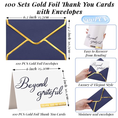 200 Pcs Beyond Grateful Thank You Cards with Envelopes Bulk Navy Thank you Notes with Gold Foil Letterpress 4x6 Inches Blank Note Cards for Business Graduation Wedding Baby Shower Funeral - color: Navy