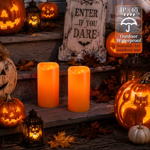 Amagic 3"x6" Flameless Candles, Waterproof LED Pillar Candles, Set of 2 - color: Orange, size: 2 Pack, D3"xH6"