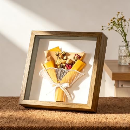 8x8 Shadow Box Frame with Ultra-Clear Glass & Soft Linen Back | With Push Pins and Stand, Deep 1.2" Brown Shadow Box Display Case – Display on Tabletop or Wall for Photo, Flower, Keepsakes - color: Brown+high Definition Panel + Shatter-proof Packaging, si