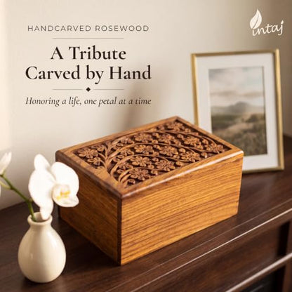 Rosewood Cremation Urn for Human Ashes, Tree of Life, Large 180 lb | Hand-carved solid sheesham rosewood, screw-locked sliding base, engraving available, holds up to 180 lb - color: Rosewood Tree of Life, size: Large (180 lb)
