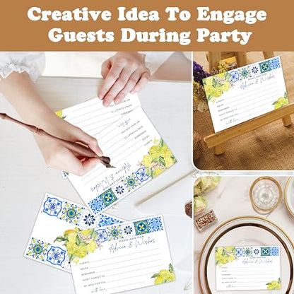 Advice And Wishes Cards (25pcs), Mediterranean Lemon Advice Cards For Mr And Mrs, Bride And Groom, New Parents, Bridal Shower, Baby Shower, Engagement, Wedding, Bachelorette Party Games Decor -A03 - style: Mediterranean Lemon