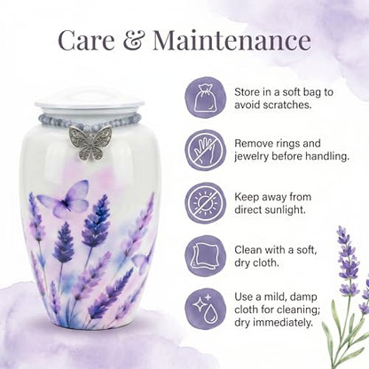 Lavender Butterfly Urn for Ashes Adult Female, Large Metal | Filigree Charm With Glass Beads, Holds upto 220lb Adults, Velvet Bag, Screw Top Lid, Memorial Keepsake, For Men & Women - color: White