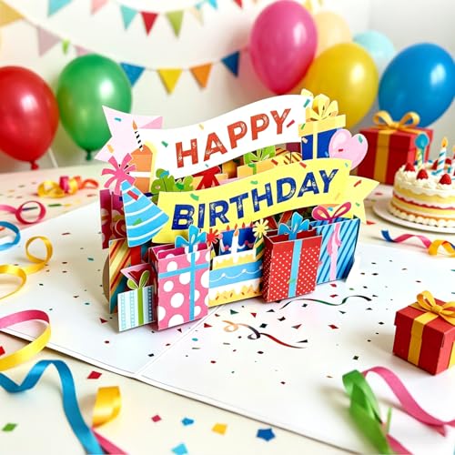 3D Pop Up Birthday Card, Colorful Happy Birthday Greeting Card with Gift Box & Party Banner Design, Unique 3D Birthday Card for Women, Men, Kids, Friends & Family - Ideal for Birthday Celebrations & Party Favors