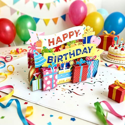 3D Pop Up Birthday Card, Colorful Happy Birthday Greeting Card with Gift Box & Party Banner Design, Unique 3D Birthday Card for Women, Men, Kids, Friends & Family - Ideal for Birthday Celebrations & Party Favors