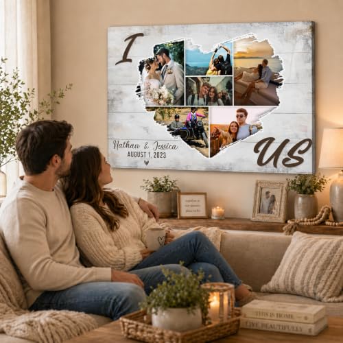 KiKiLuna Personalized I Love Us Couples Picture Frame, Family Picture Frame | Custom Couple Names and Date, Rustic Heart Photo Collage, Framed Wall Art for Anniversary, Wedding and Valentine's Day - color: Style14