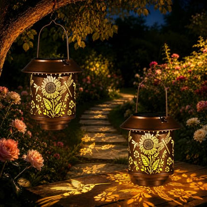 2 Pack Solar Lantern Outdoor Hanging, Gifts for Women Mom（Sunflower） - color: b-Dragonfly-2PC