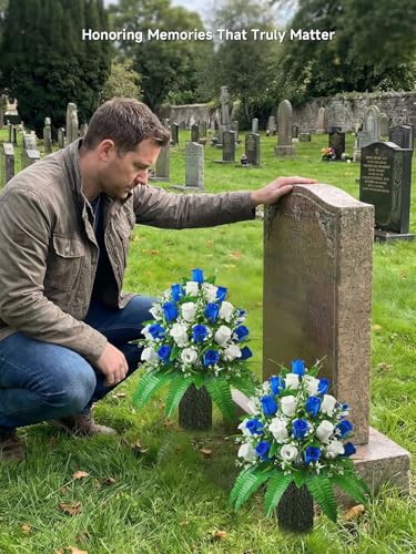 Mirevielyn 2-Pack 24 Stems Artificial Rose Cemetery Flowers with Vases - color: Blue & White (Full Bouquet)
