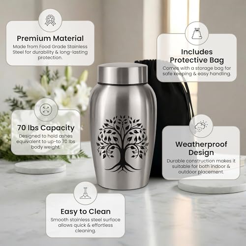 Stainless Steel Silver Urn for Ashes Male & Female, Cremation urns for Human Ashes Man & Women, Set of 5 Includes 1 Large Urn, 2 Keepsakes & 1 Silver & Black Cross Necklace - color: Stainless Steel Tree of Life Urn - Companion Set
