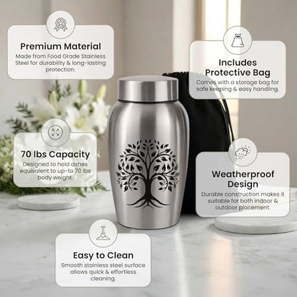 Stainless Steel Silver Urn for Ashes Male & Female, Cremation urns for Human Ashes Man & Women, Set of 5 Includes 1 Large Urn, 2 Keepsakes & 1 Silver & Black Cross Necklace - color: Stainless Steel Tree of Life Urn - Companion Set