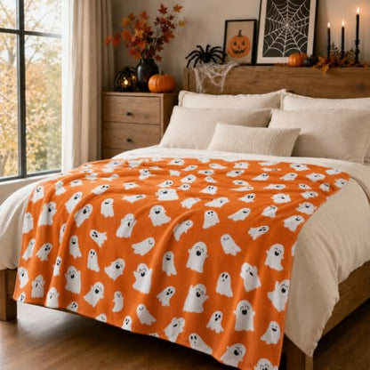 Halloween Blanket Cute Ghost Throw Blankets Gifts for Women Men 50"X60" - color: Orange Ghost