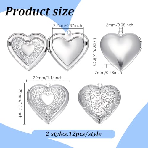 PLIGREAT 24 Pcs Silver Heart Photo Frame Charms, Stainless Steel Pendant Holds Pictures Heart Open Locket Memorial Pendant Photo Charms for DIY Necklace Bracelet Jewelry Making, 2 Styles