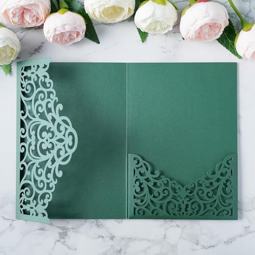 ponatia 20PCS Emerald Green Laser Cut Wedding Invitations Pockets, Tri-fold 5x7 Laser Cut Invitation Pockets for Wedding Bridal Shower Quinceanera 15 Anos Invite (No Envelopes & Inner Sheets) - color: Emerald Green