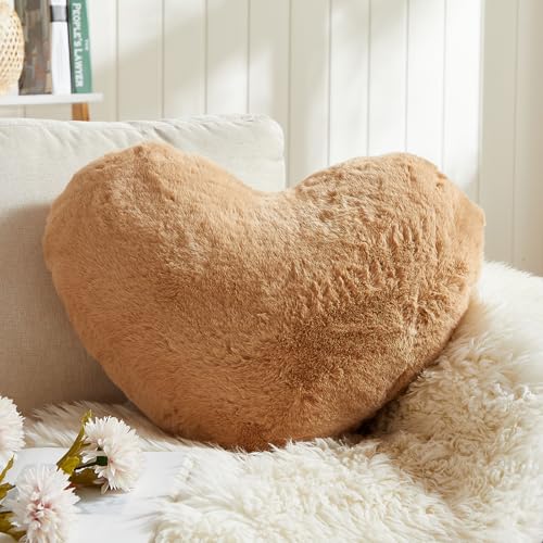 EastTree Heart Pillows, Khaki Heart Shaped Pillows, Love Throw Pillows Gifts, Ultra Soft Faux Rabbit Fur Small Cute Pillows, Women Girls Kid Room Decor 10x13 Inch - color: Khaki, size: 10 X 13 inches