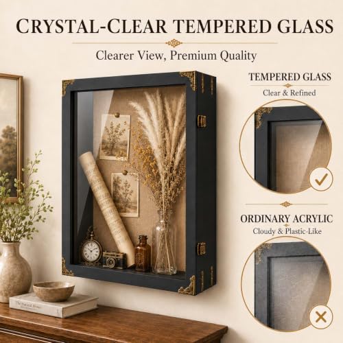 16x20x4.7 Inch Large Shadow Box Frame, 3.5-Inch Deep (Rustic Black) | Tempered glass, solid wood and linen backing for rustic wall display of wedding bouquets, graduation caps and keepsakes - size: 16x20 Inch