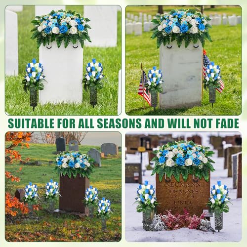 Giegxin 5 Set Artificial Cemetery Flowers for Grave, Headstone Flower Saddle Gravesite Decoration Roses Memorial Bouquets with Vase for Cemetery Decorations Non-Fading Easy Fit(Blue and White)
