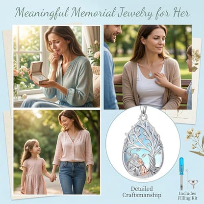 Tree of Life Urn Necklace for Ashes/Pet Cremation Teardrop Moonstone Necklace Pendant Jewelry Gifts for Mom Wife Women Birthday Christmas Memorial Day - color: cat-urn