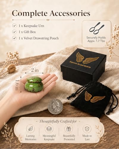 CHONOVO Small Ceramic Keepsake Urn, 1.6'' with Velvet Bag and Box - color: Green