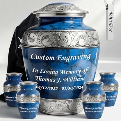 Set of 6 Custom Engraved Cremation Urns for Human Ashes Includes 1 Large Urn with 4 Small Keepsakes & 1 Silver Necklace - Fire Blue - color: Fire Blue Custom Urn Set