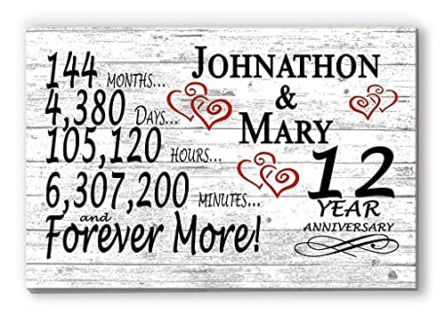 Personalized 12 Year Anniversary Sign Gift 12th Wedding Anniversary Present For Couple Days Minutes Years - Solid Wood - 16.5in x 10.5in x .75in (12 Year) - color: 12 Year