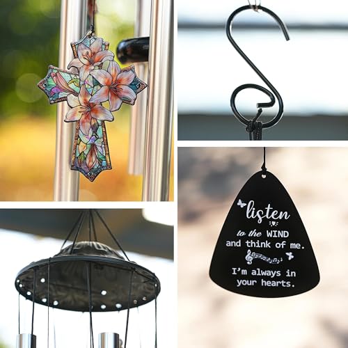 YU FENG Cross Memorial Wind Chime, Lily Flower Crystal Suncatcher | 34 Inch Outdoor Metal Chime, Religious Sympathy Gift, Remembrance Decor For Loss Of Loved One, Garden Patio Hanging - style: Faith Series – Cross – 34 Inch
