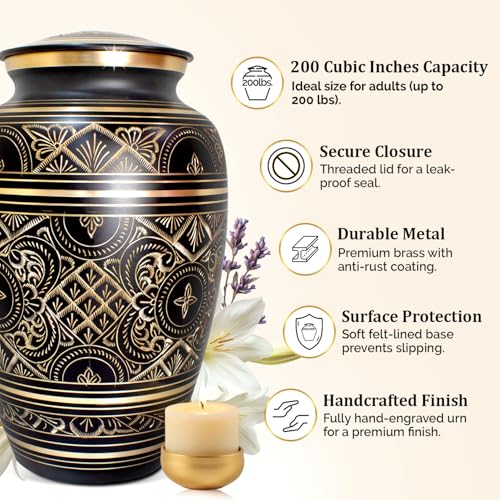 Cremation Urns for Human Ashes – Handcrafted 200 Cu in Brass Memorial Urn with Tight-Seal Lid – A Beautiful, Lasting Tribute for Loved Ones (Black, Large) - color: Black