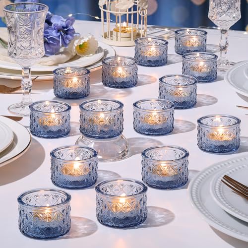 24 Pack Blue Tealight Candle Holders, Glass Votive Candle Holders Bulk - color: Blue