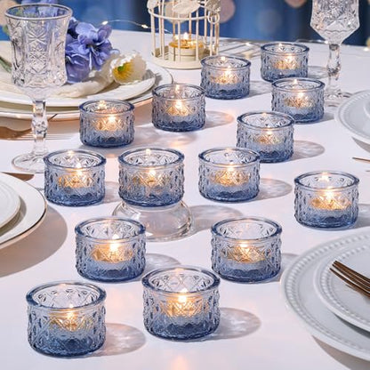 24 Pack Blue Tealight Candle Holders, Glass Votive Candle Holders Bulk - color: Blue