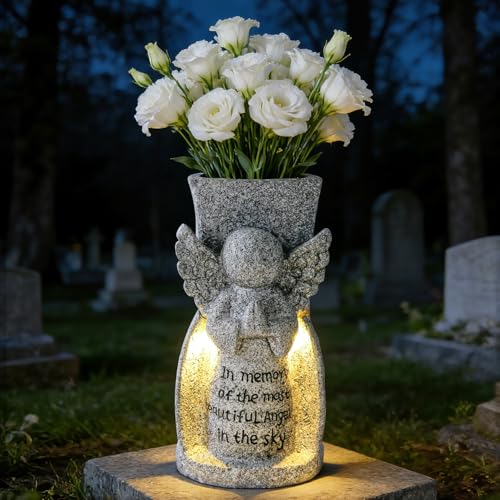HUYIENO Solar Cemetery Flower Vase Angel Memorial Vase for Grave Outdoor Waterproof Cemetery Decorations with Metal Spikes Sympathy Loss Gift Memorial Gifts - style: Angel