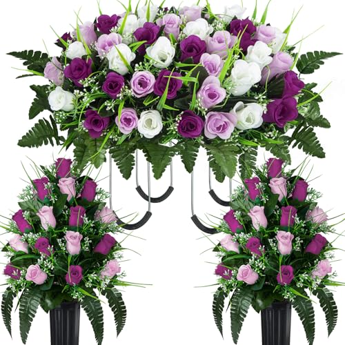Artificial Cemetery Flowers Saddle, 2 Sets Grave Flowers Rose with Vase, Memorial Headstone Flowers Saddle for Cemetery Grave Tombstone Decorations (1 Saddle 2 Bouquets) - color: Pink & White & Purple